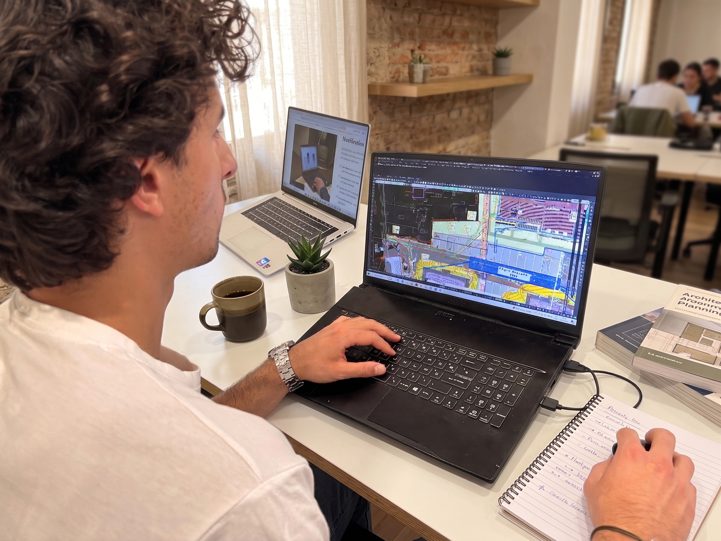 Technicien travaillant sur des plans techniques en bureau d'études